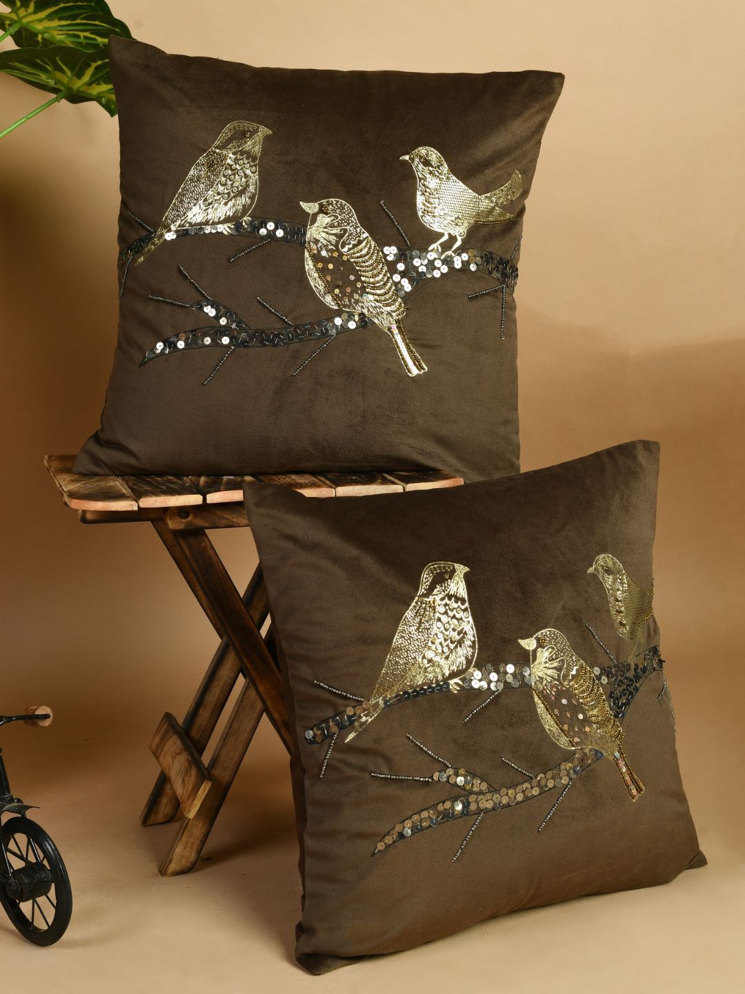 SHADES of LIFE Brown & Gold-Toned Set of 2 Embroidered Velvet Square Cushion Covers Price in India