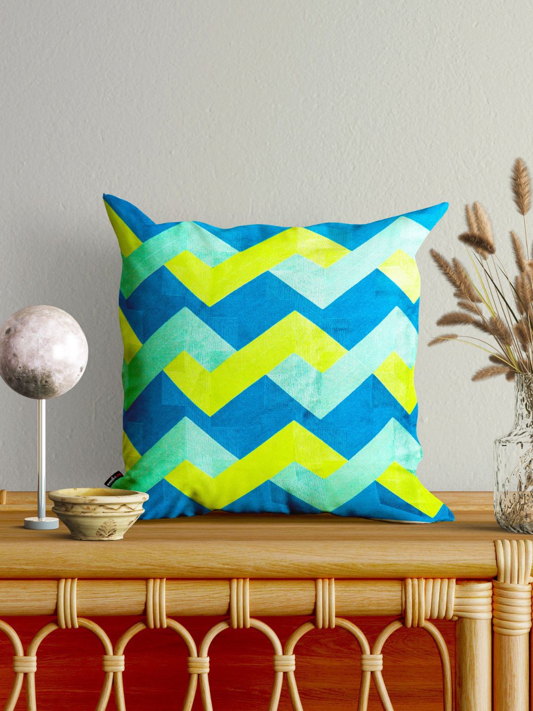 SHADES of LIFE Blue & Lime Green Set of 2 Geometric Square Cushion Covers Price in India