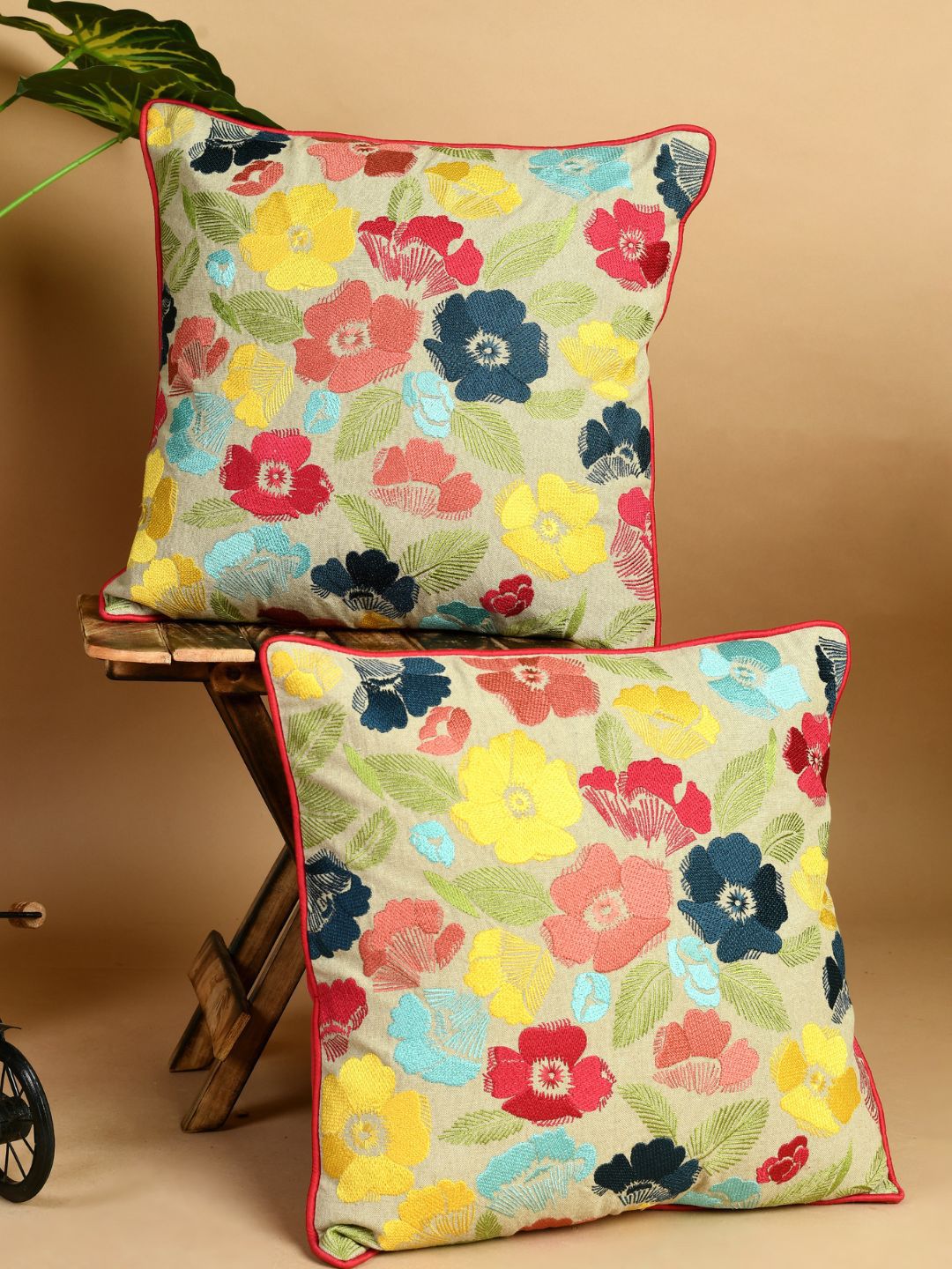 SHADES of LIFE Yellow & Blue Set of 2 Embroidered Square Cushion Covers Price in India