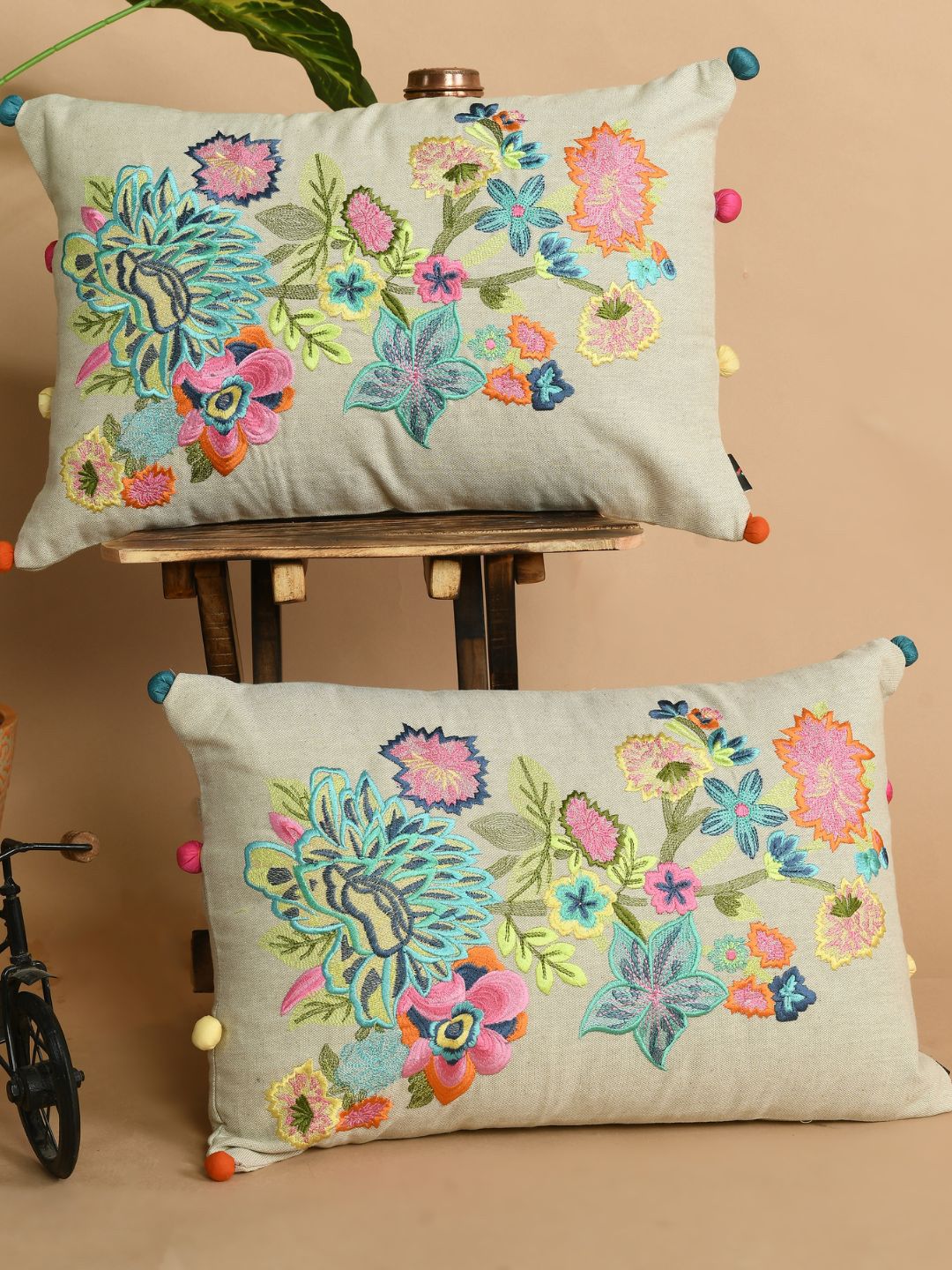 SHADES of LIFE Beige & Blue Set of 2 Embroidered Rectangle Cushion Covers Price in India