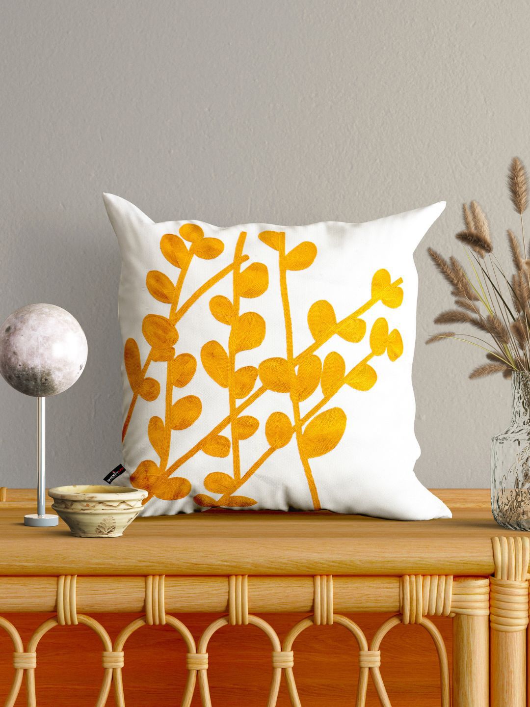 SHADES of LIFE White & Orange Set of 2 Floral Square Cushion Covers Price in India