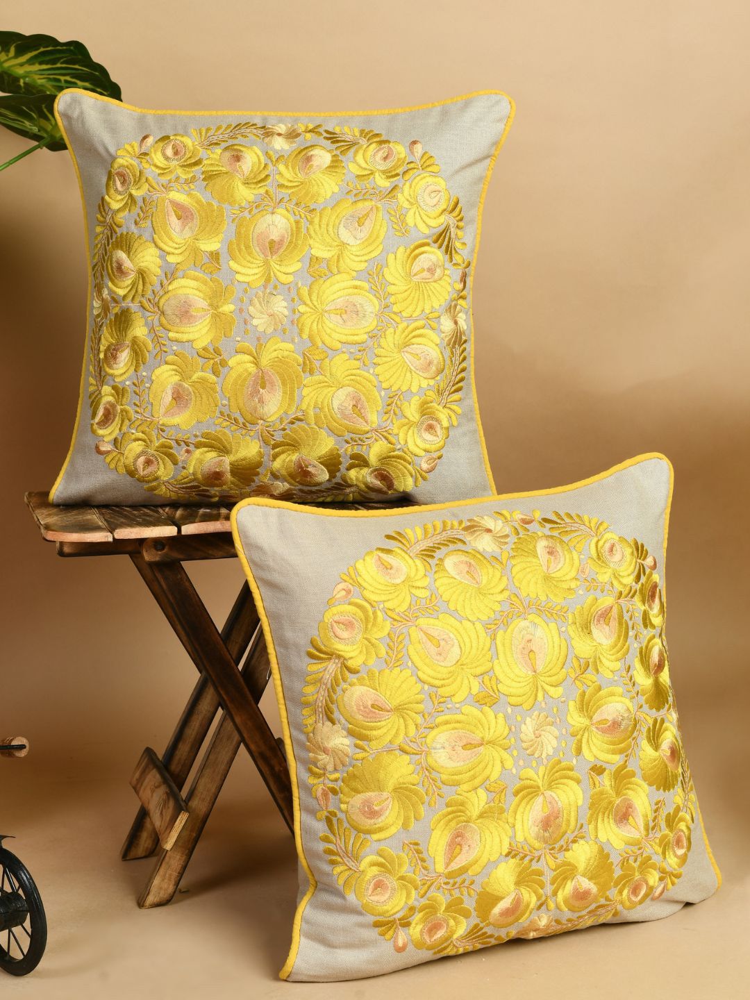 SHADES of LIFE Beige & Yellow Set of 2 Embroidered Square Cushion Covers Price in India