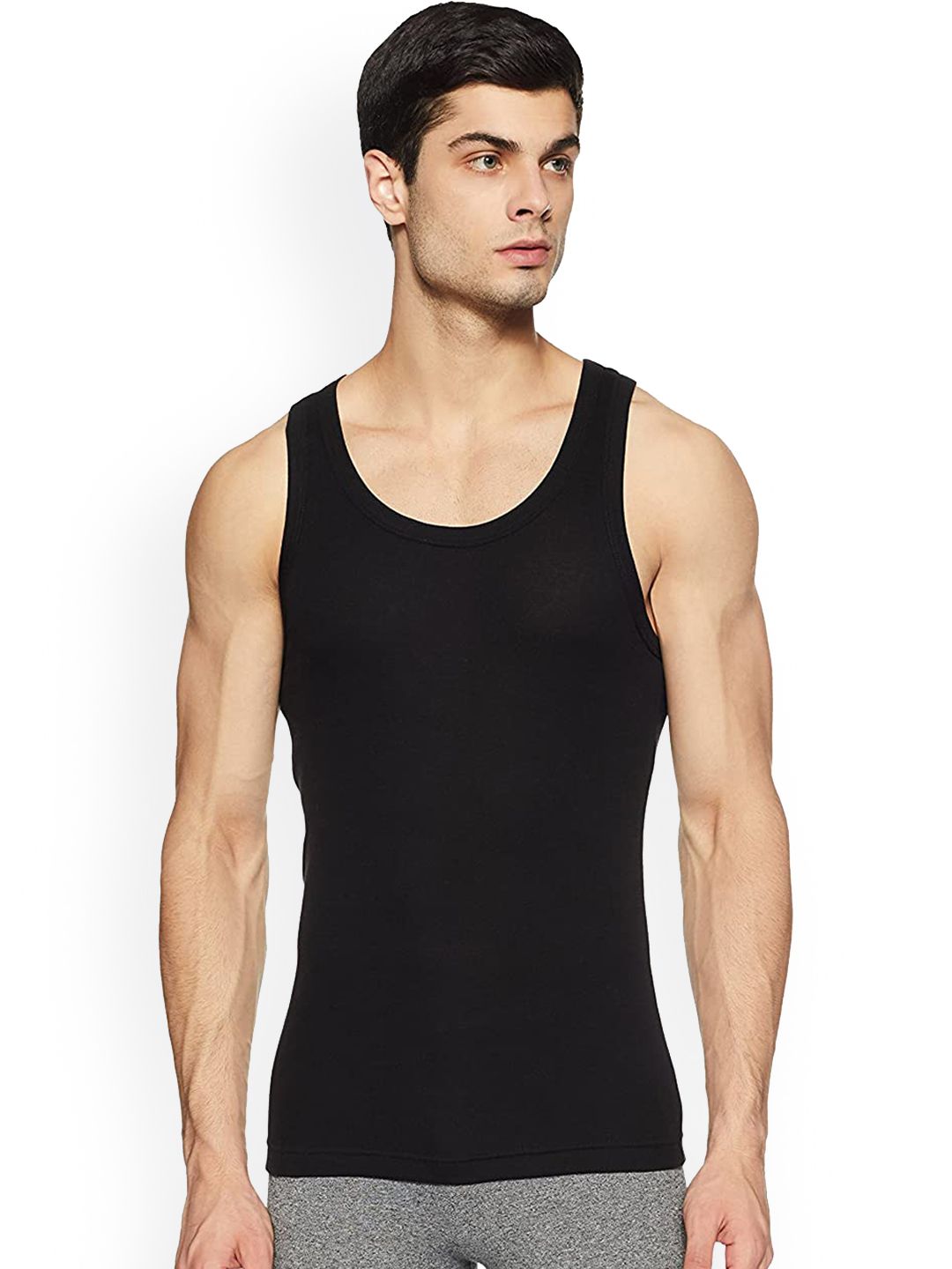 Macroman M-Series Men Black Solid Cotton Snug Fit Basic Vests