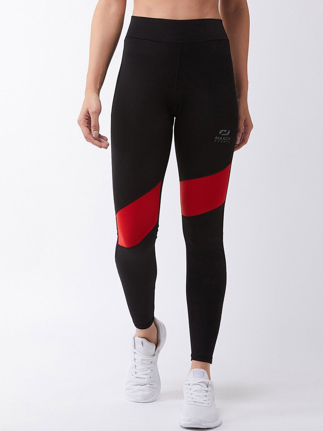 Masch Sports Women Black & Red Colourblocked Tights Price in India