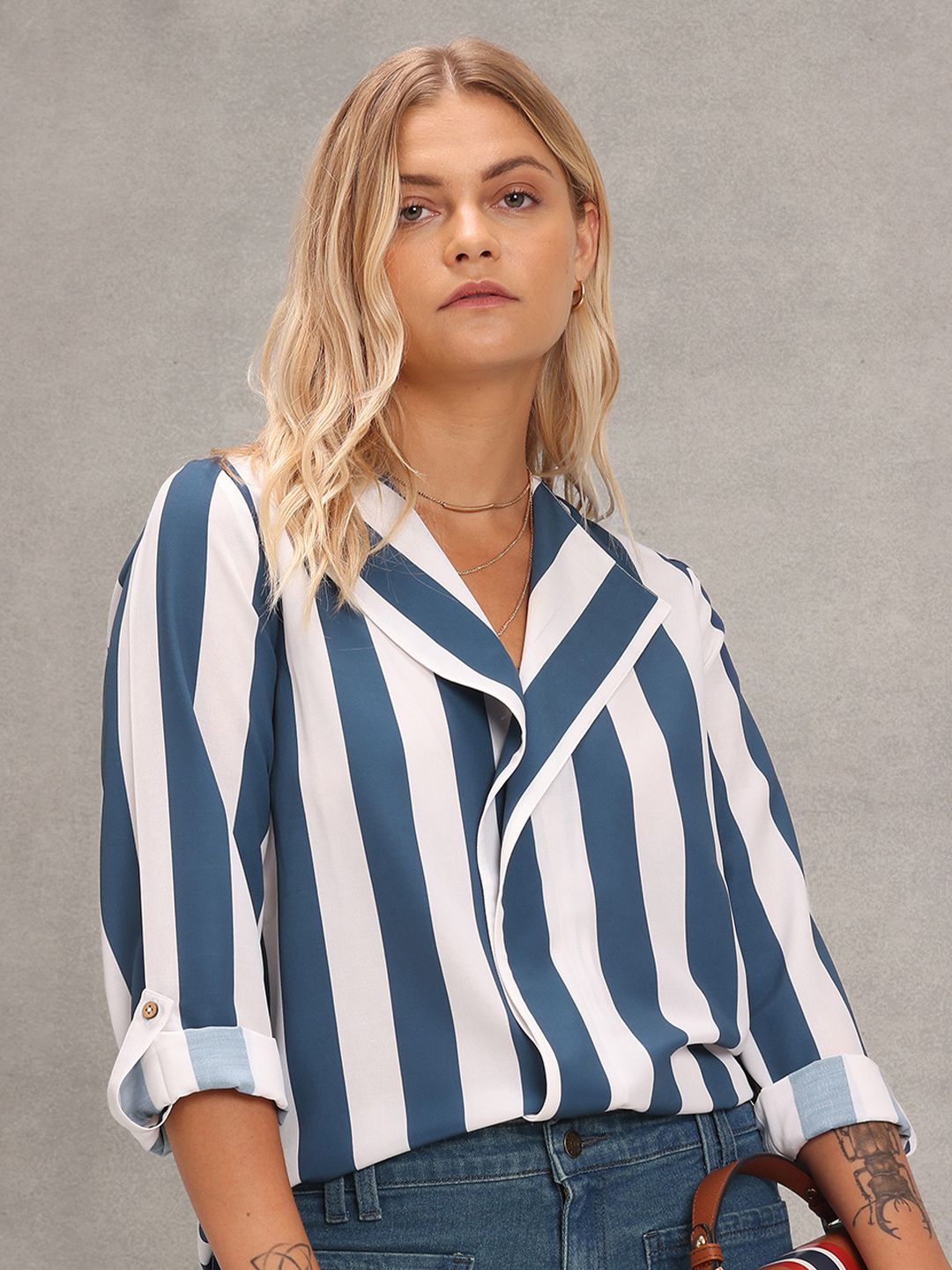 U S Polo Assn Women Blue & White Striped Crepe Shirt Style Top Price in India