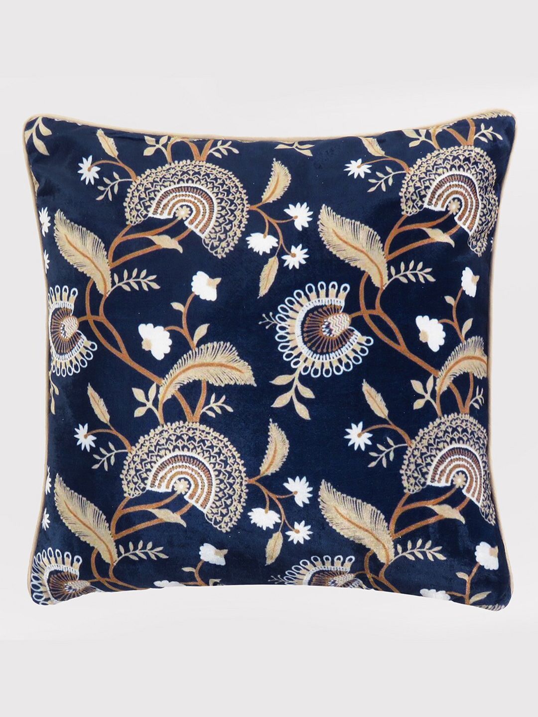 OUSSUM Blue & Brown Floral Velvet Square Cushion Covers Price in India