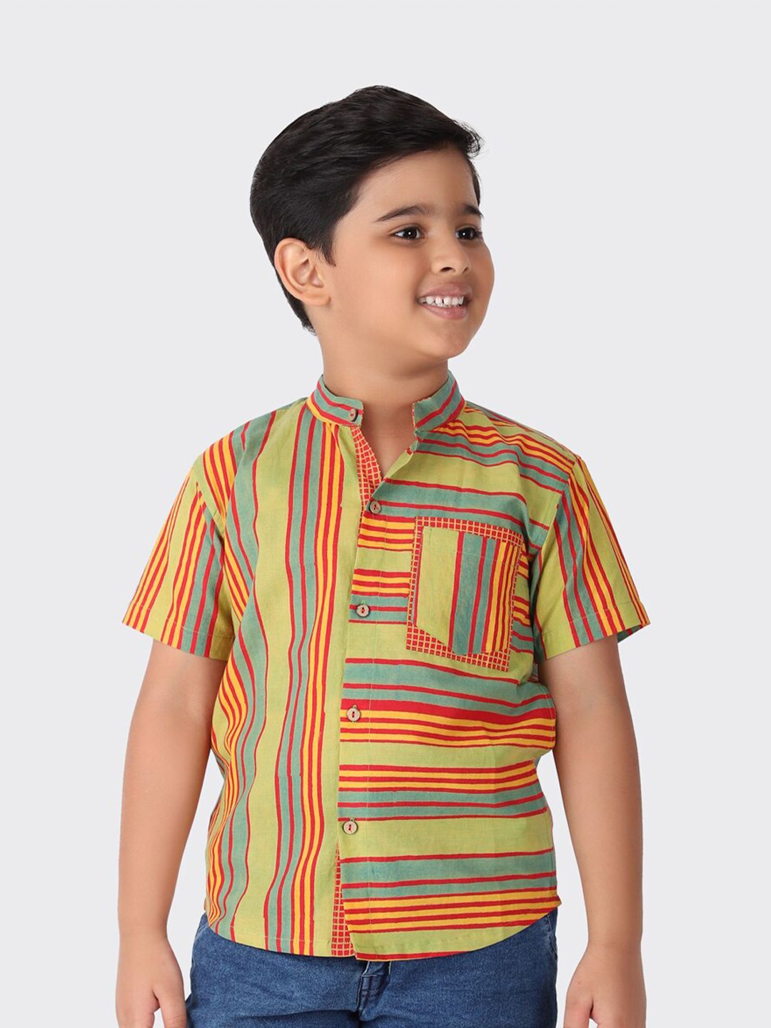 Fabindia Boys Yellow Striped Casual Shirt