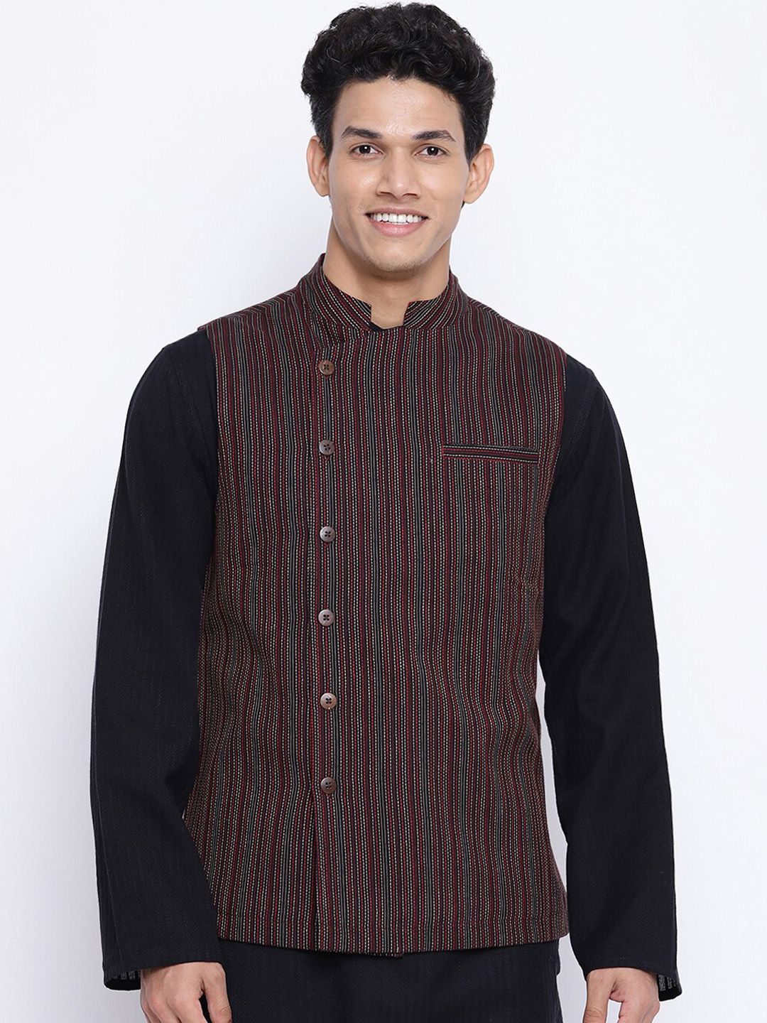 Fabindia Men Black Woven-Design Nehru Jacket