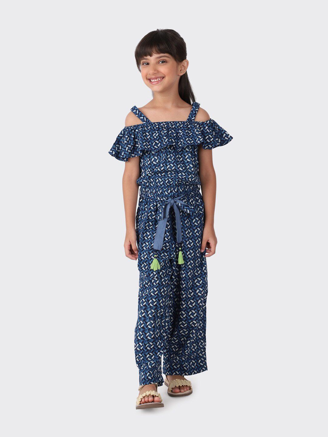 Fabindia Girls Navy Blue & Off White Printed Basic Jumpsuit with Ruffles