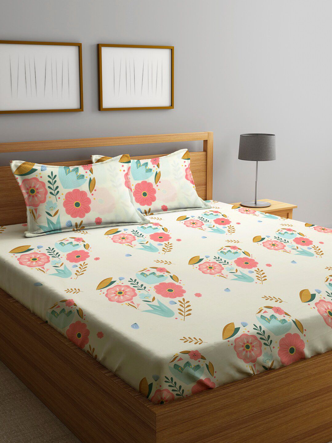 KLOTTHE Cream Floral 300 TC Cotton Blend Double King Bed Sheet with 2 Pillow Covers Price in India