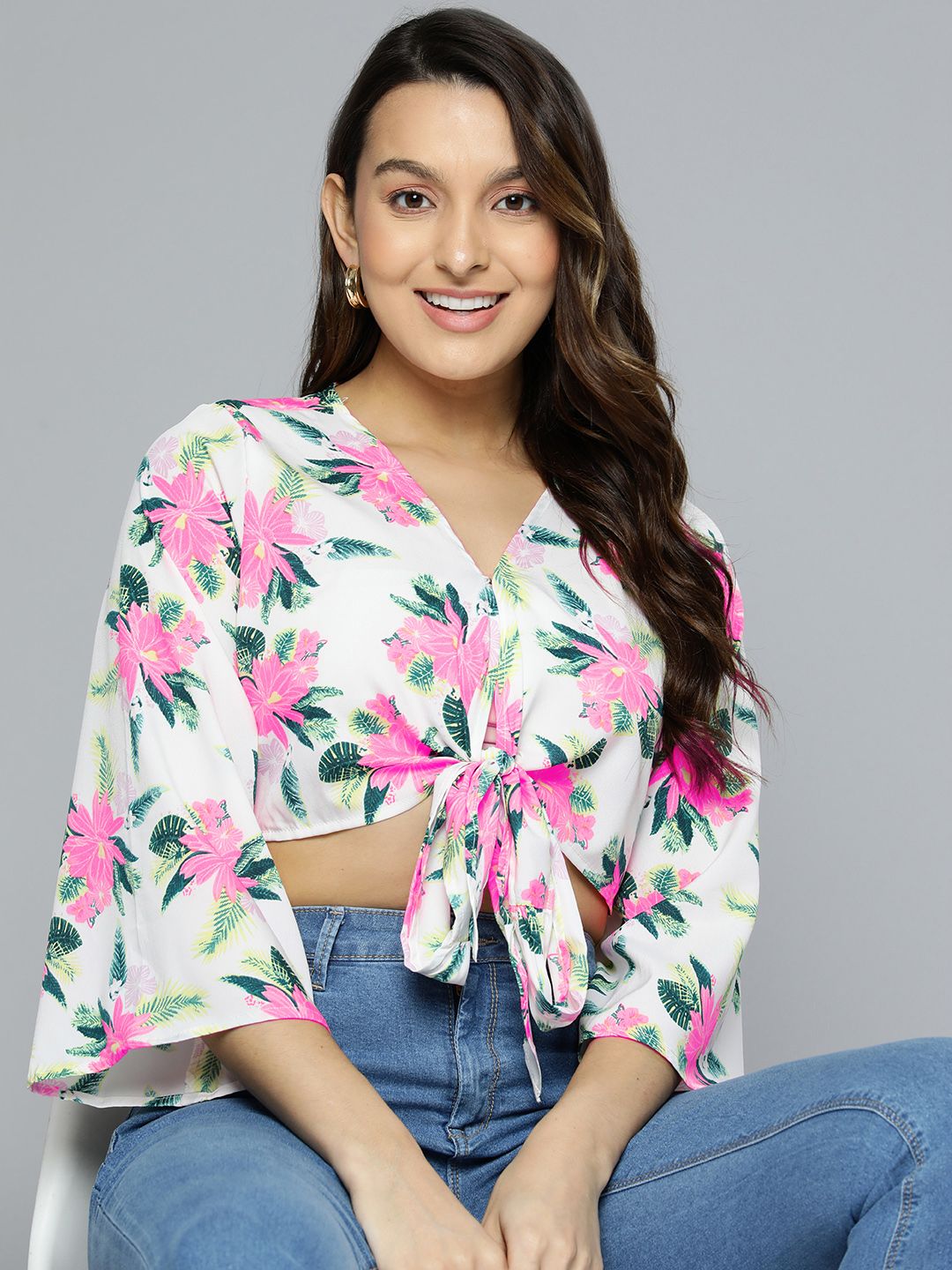 HERE&NOW Floral Print Flared Sleeve Wrap Crop Top Price in India