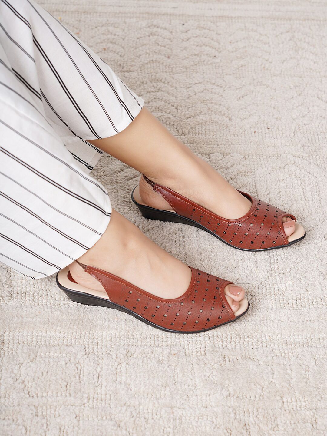 Shezone Tan Wedge Peep Toes with Laser Cuts