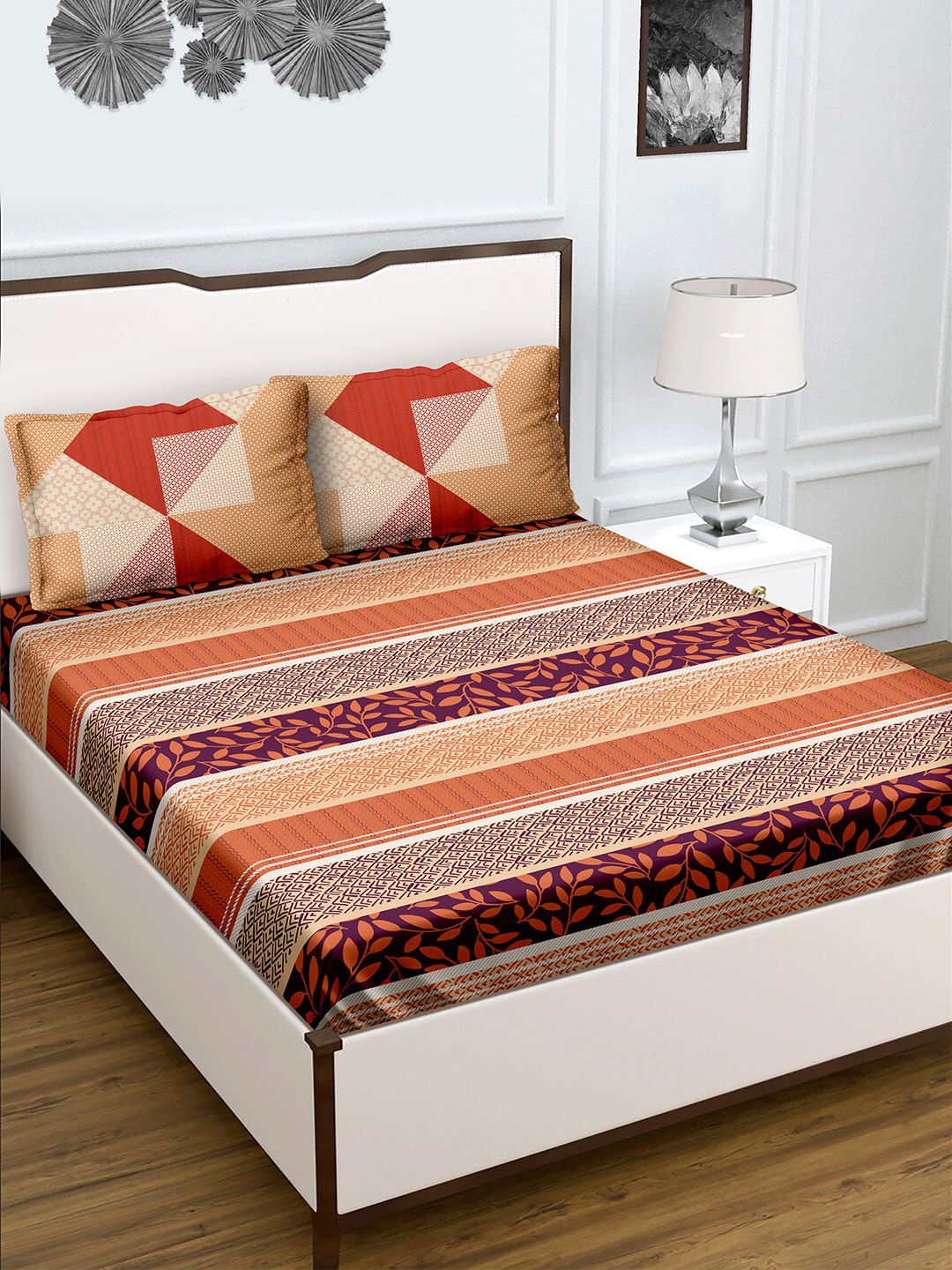 BELLA CASA Unisex Orange 180 TC King Size Cotton 1 Double Bedsheet with 2 Pillow Covers Price in India