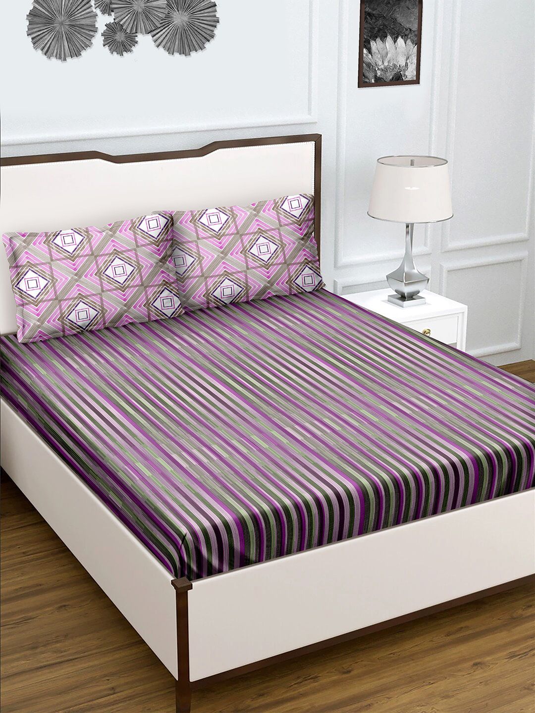 BELLA CASA Pink & White Striped Cotton 180 TC King Bedsheet with 2 Pillow Covers Price in India
