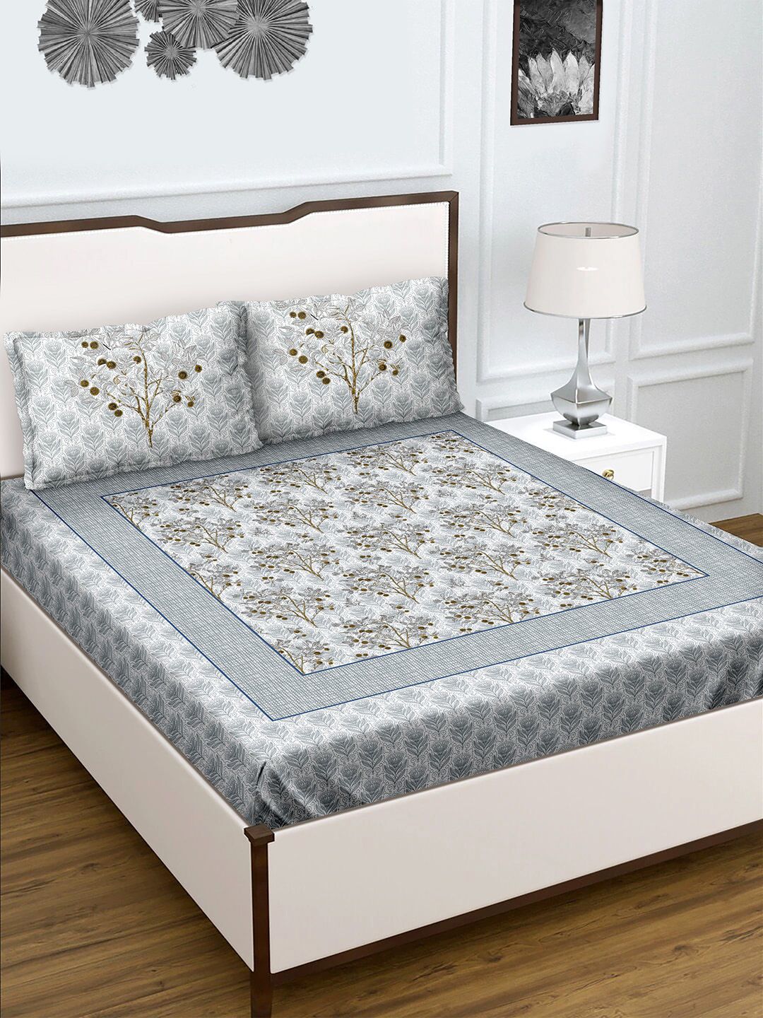 BELLA CASA Grey & White Floral 180 TC King Bedsheet with 2 Pillow Covers Price in India