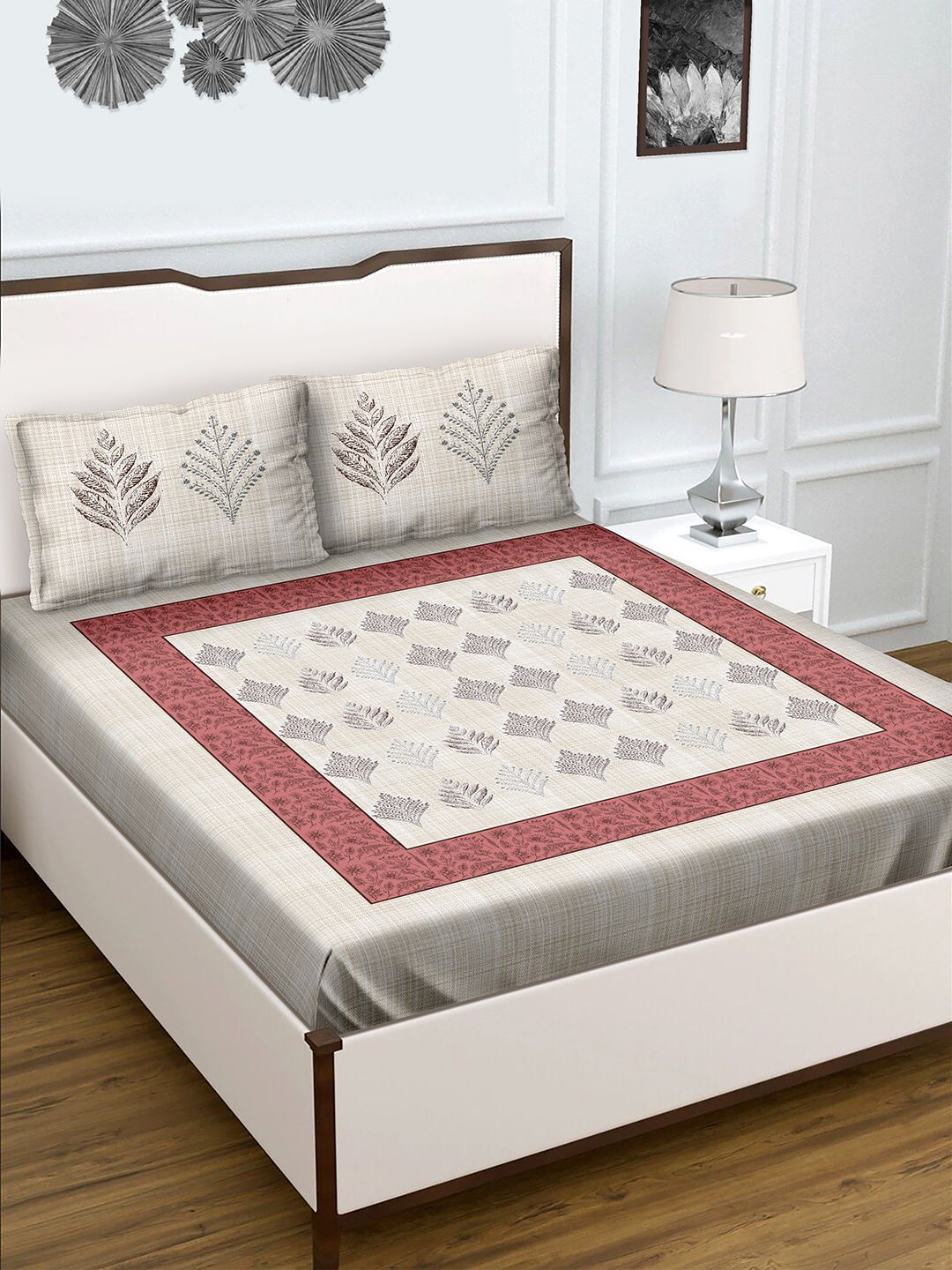 BELLA CASA White and Rust 180 TC King Size Cotton 1 Double Bedsheet with 2 Pillow Covers Price in India