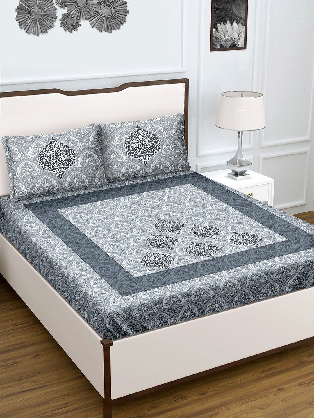 BELLA CASA Blue & Off White Ethnic Motifs 180 TC King Bedsheet with 2 Pillow Covers Price in India