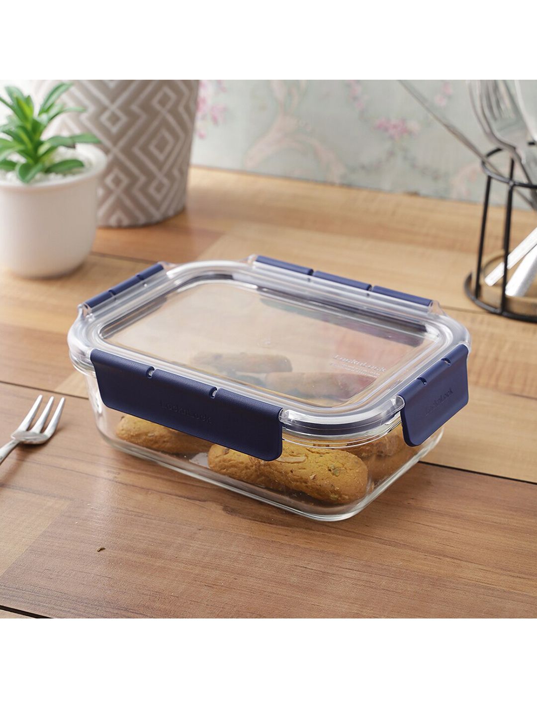 Lock & Lock Set of 2 Transparent & Navy Blue Solid Food Containers Price in India