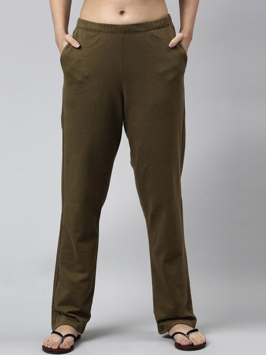 Enamor Women Olive Green Solid Cotton Lounge Pants Price in India