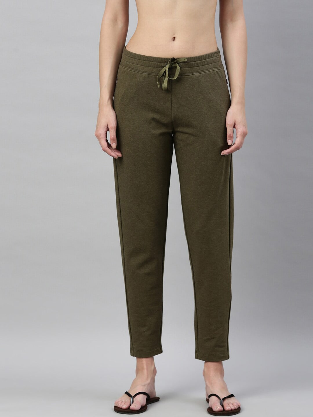 Enamor Women Olive Green Solid Slim Fit Cotton Lounge Pants Price in India