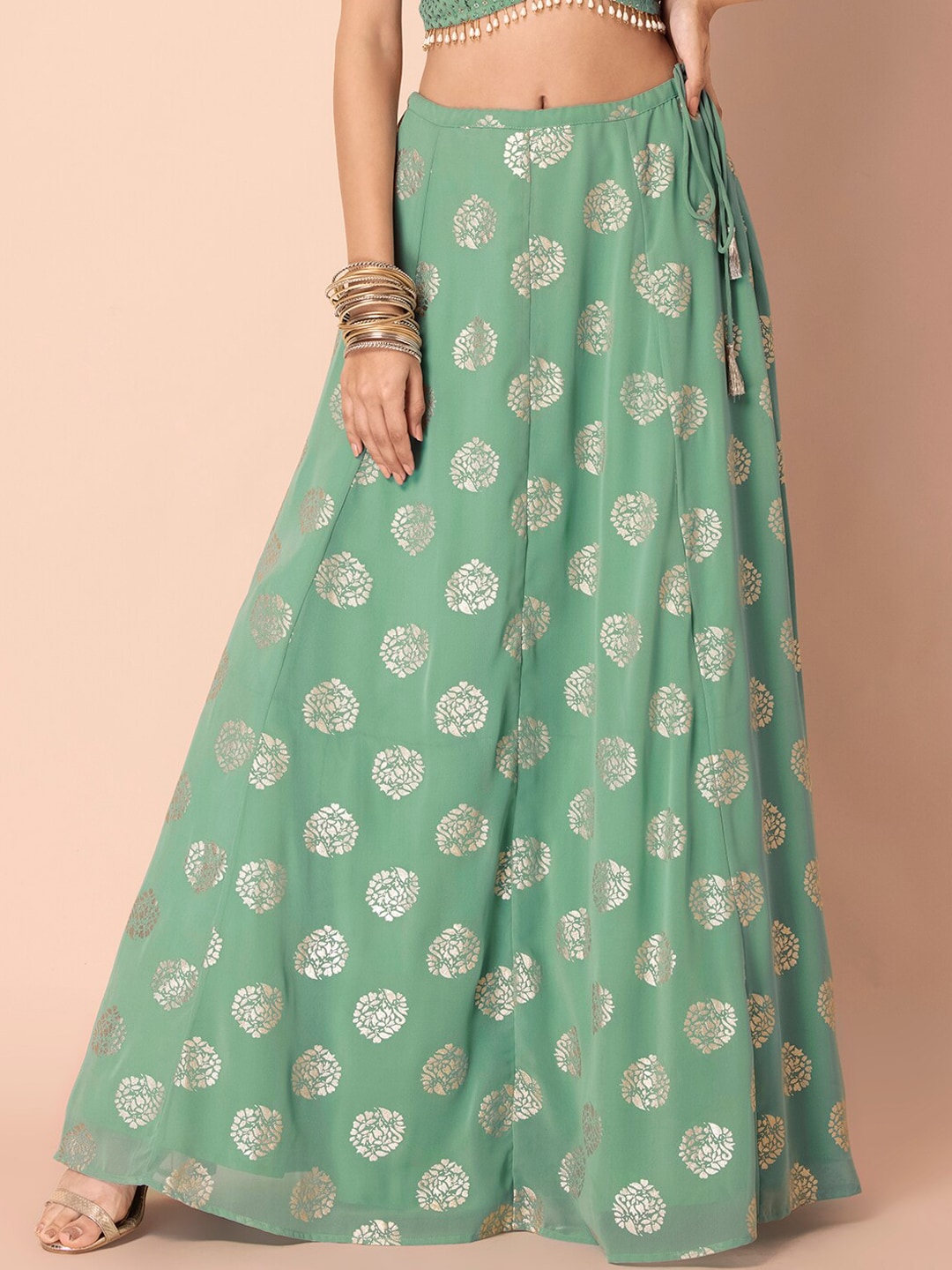 INDYA Women Green & Gold-Coloured  Printed Flared Maxi Skirt Price in India