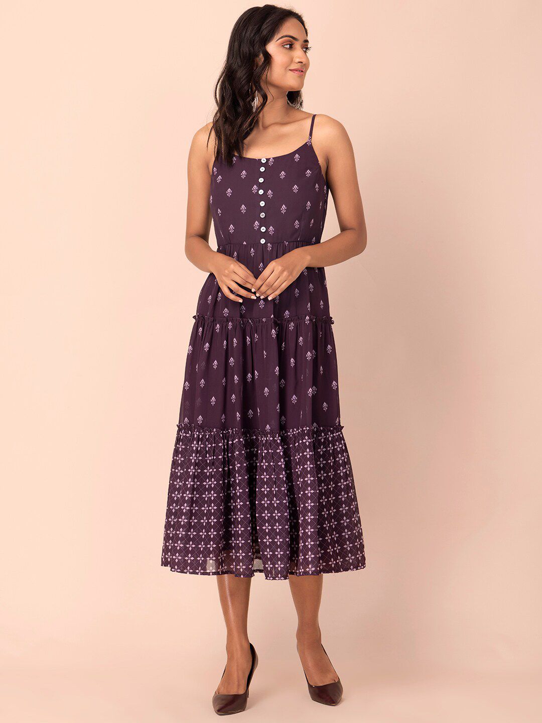INDYA Purple Floral Georgette A-Line Midi Dress Price in India