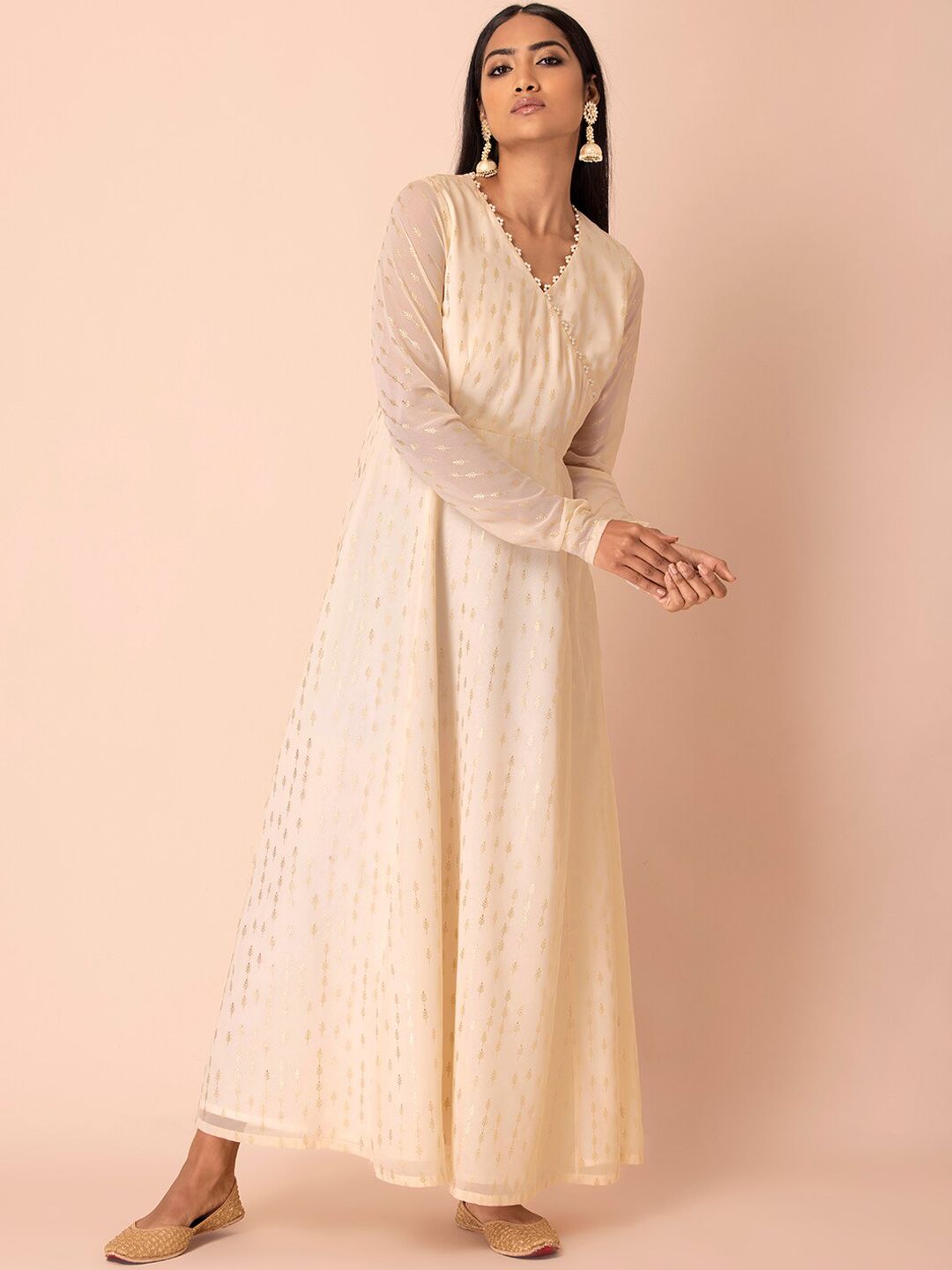 INDYA Women White Printed Long Cuffed Sleeves Georgette Embellished Dress Price in India