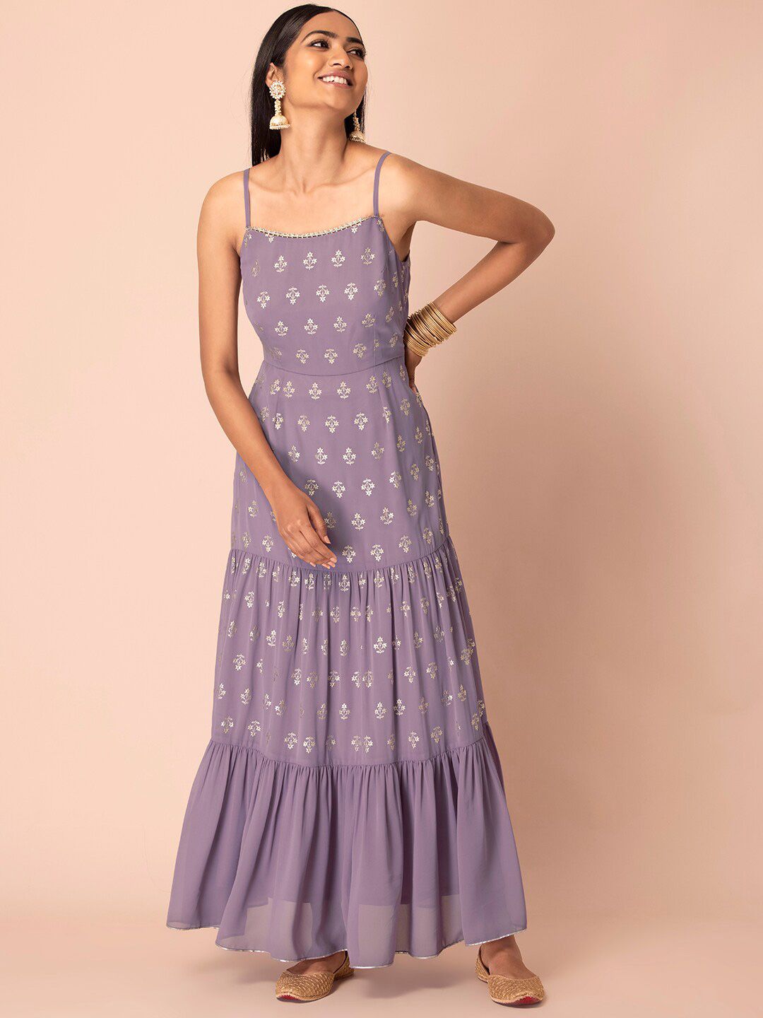 INDYA Women Purple & Gold Printed Tiered Flared Maxi Dress Price in India