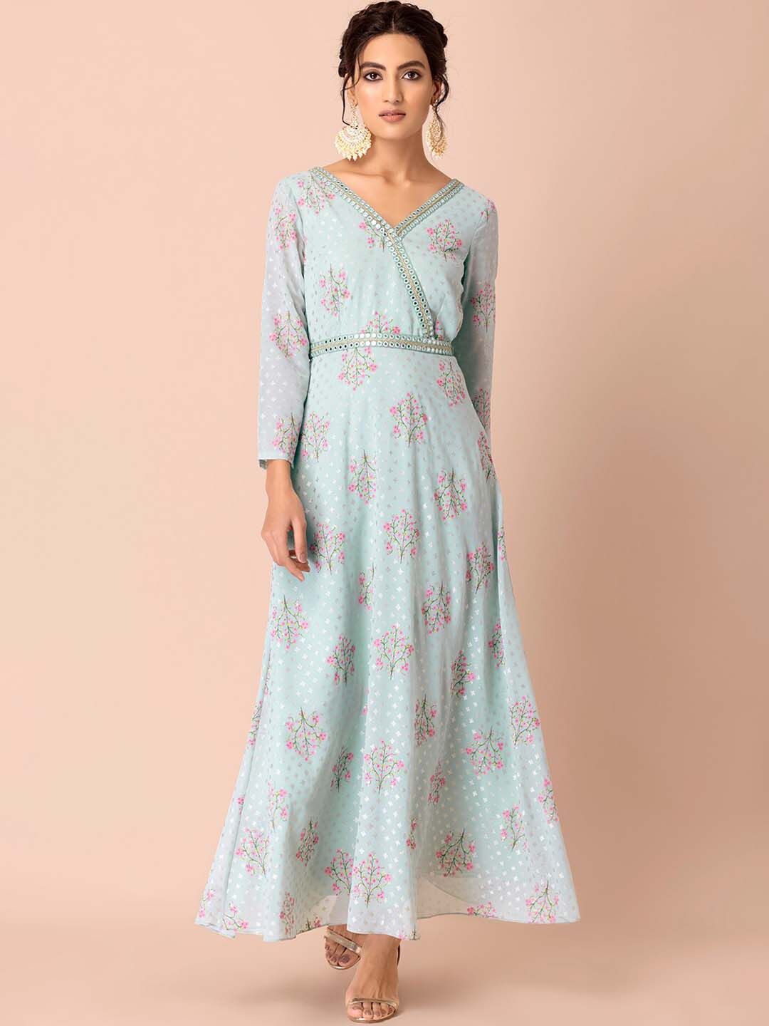INDYA Blue Floral Ethnic A-Line Maxi Dress Price in India