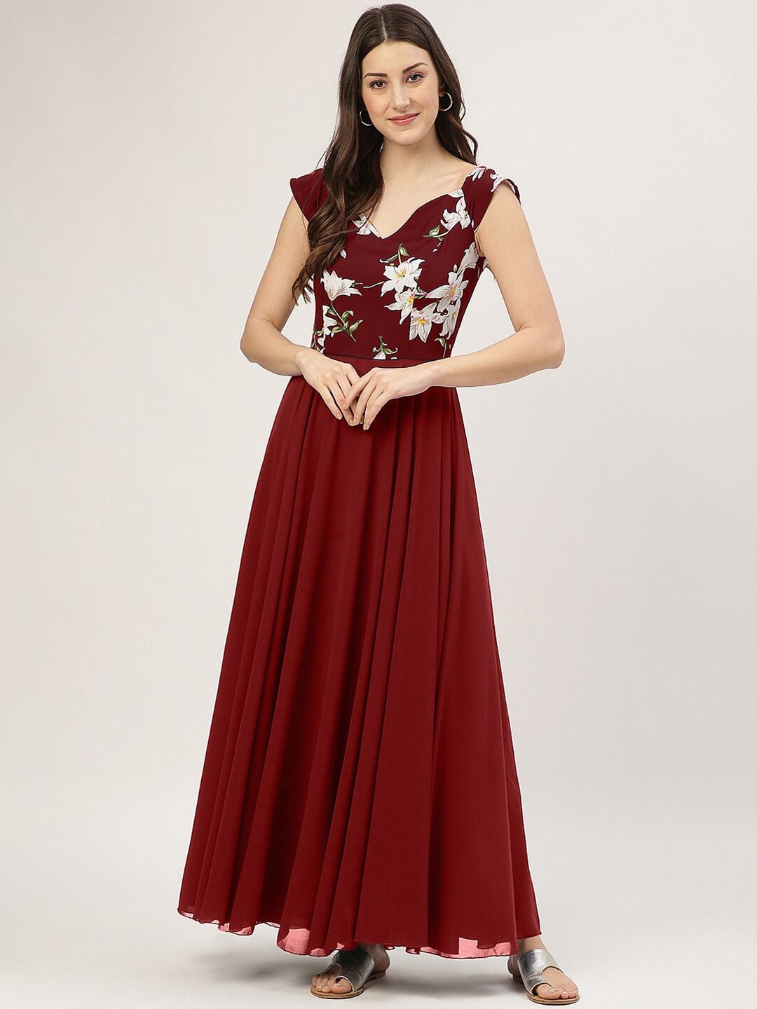 TRENDY DIVVA Women Maroon Floral Crepe Maxi Dress Price in India