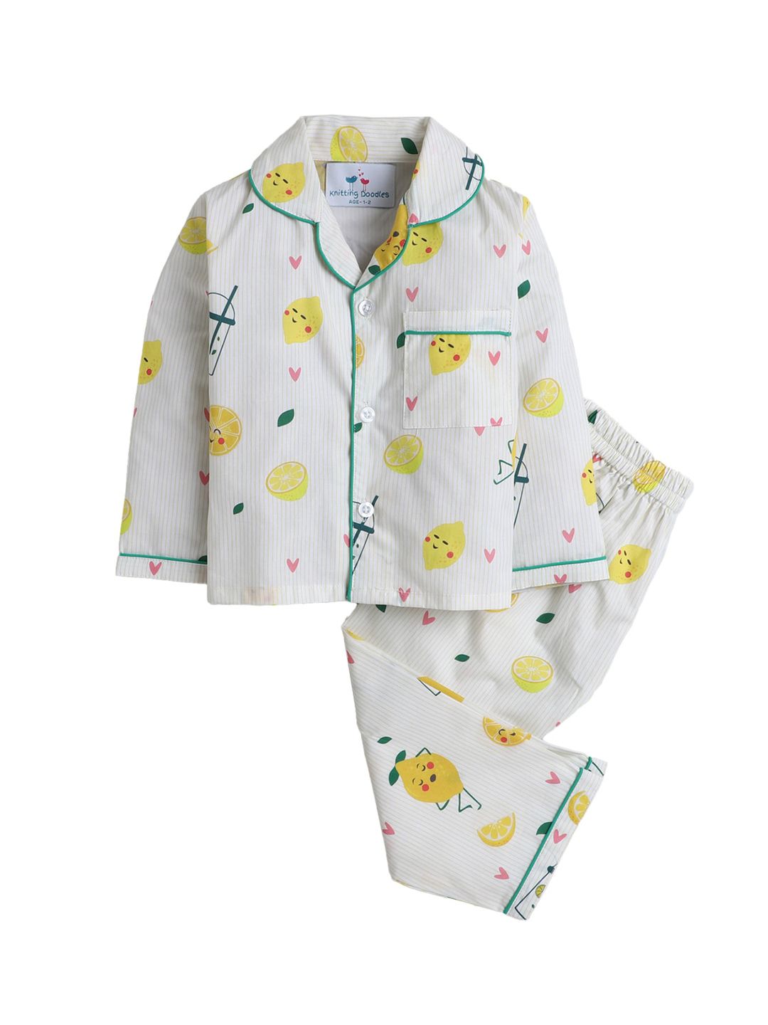 Knitting Doodles Unisex Kids White & Yellow Printed Night suit