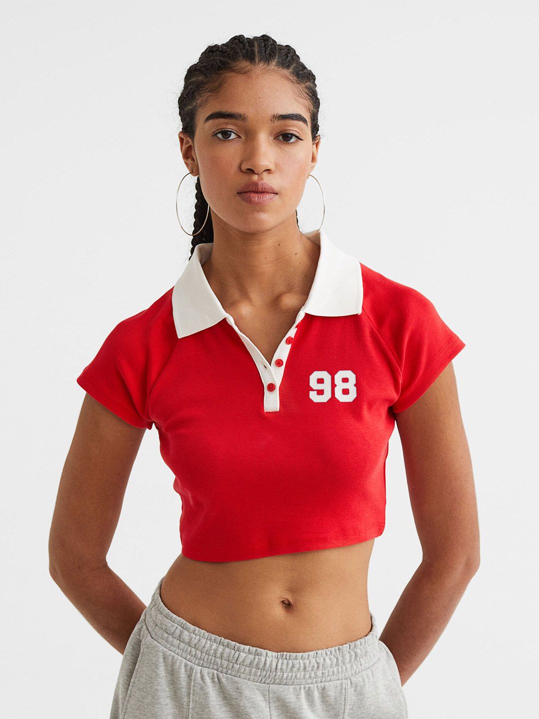 H&M Women Red & White Printed Cropped Cotton Polo Shirt Price in India