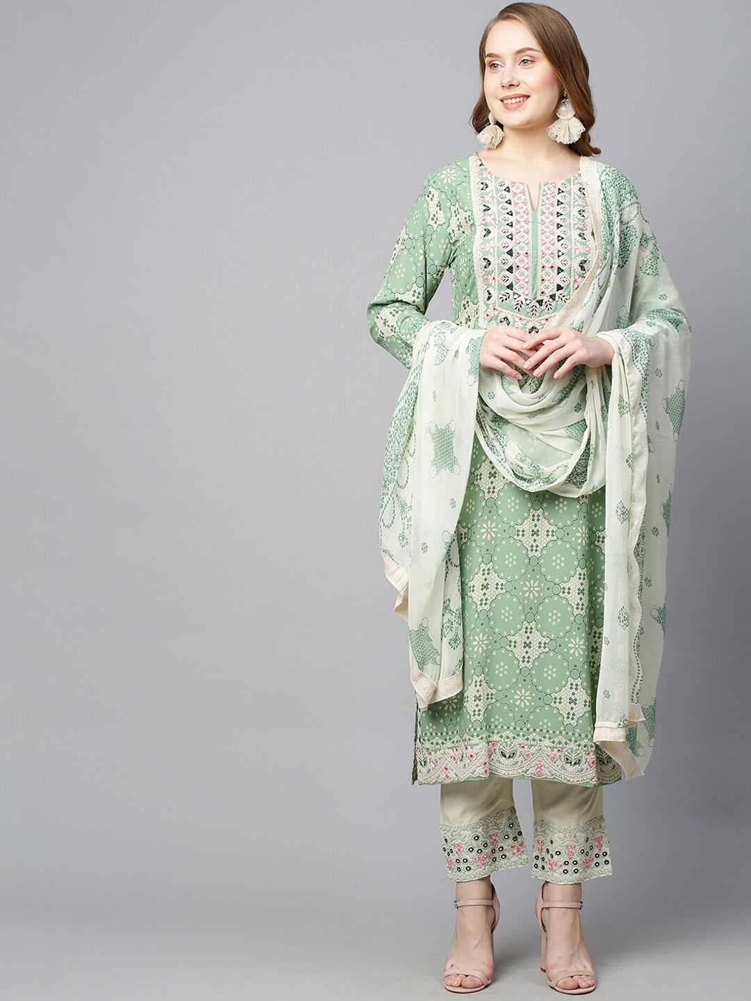FASHOR Women Sea Green Ethnic Motifs Printed Kurta With Trousers & Dupatta Price in India