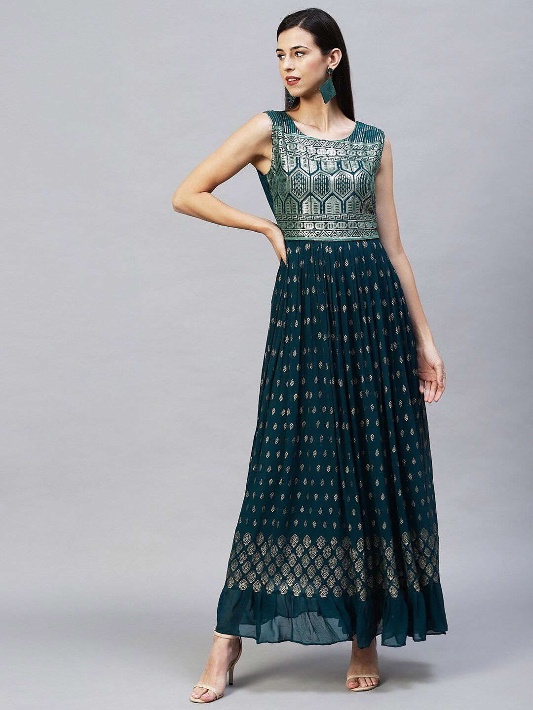 FASHOR Women Teal & Green Ethnic Motifs Flared Maxi Dress Price in India