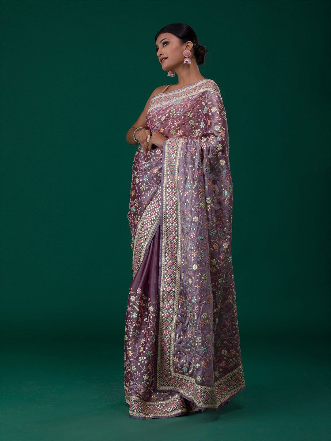 Koskii Lavender & Pink Floral Mirror Work Saree Price in India