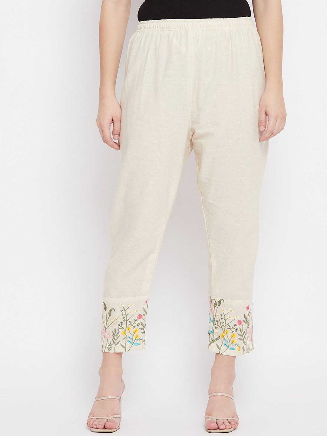 Clora Creation Women Beige Floral Embroidered Cotton Trousers Price in India