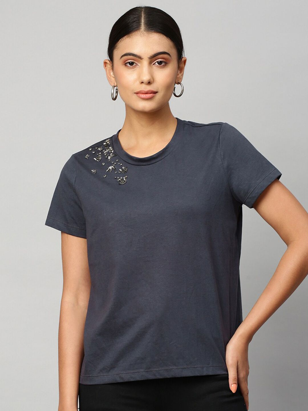 Chemistry Charcoal Grey Embellished Top Price in India