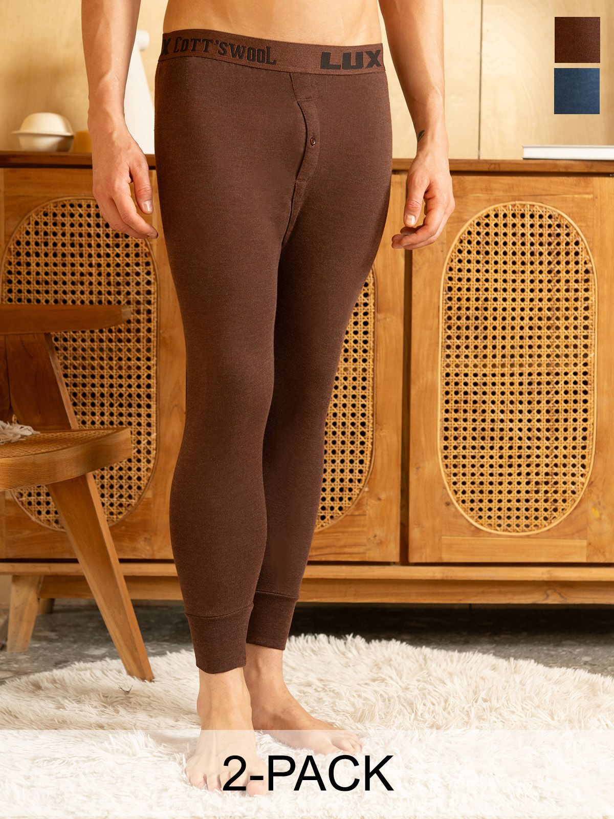 Lux Cottswool Men Blue & Brown Pack Of 2 Solid Cotton Thermal Bottoms