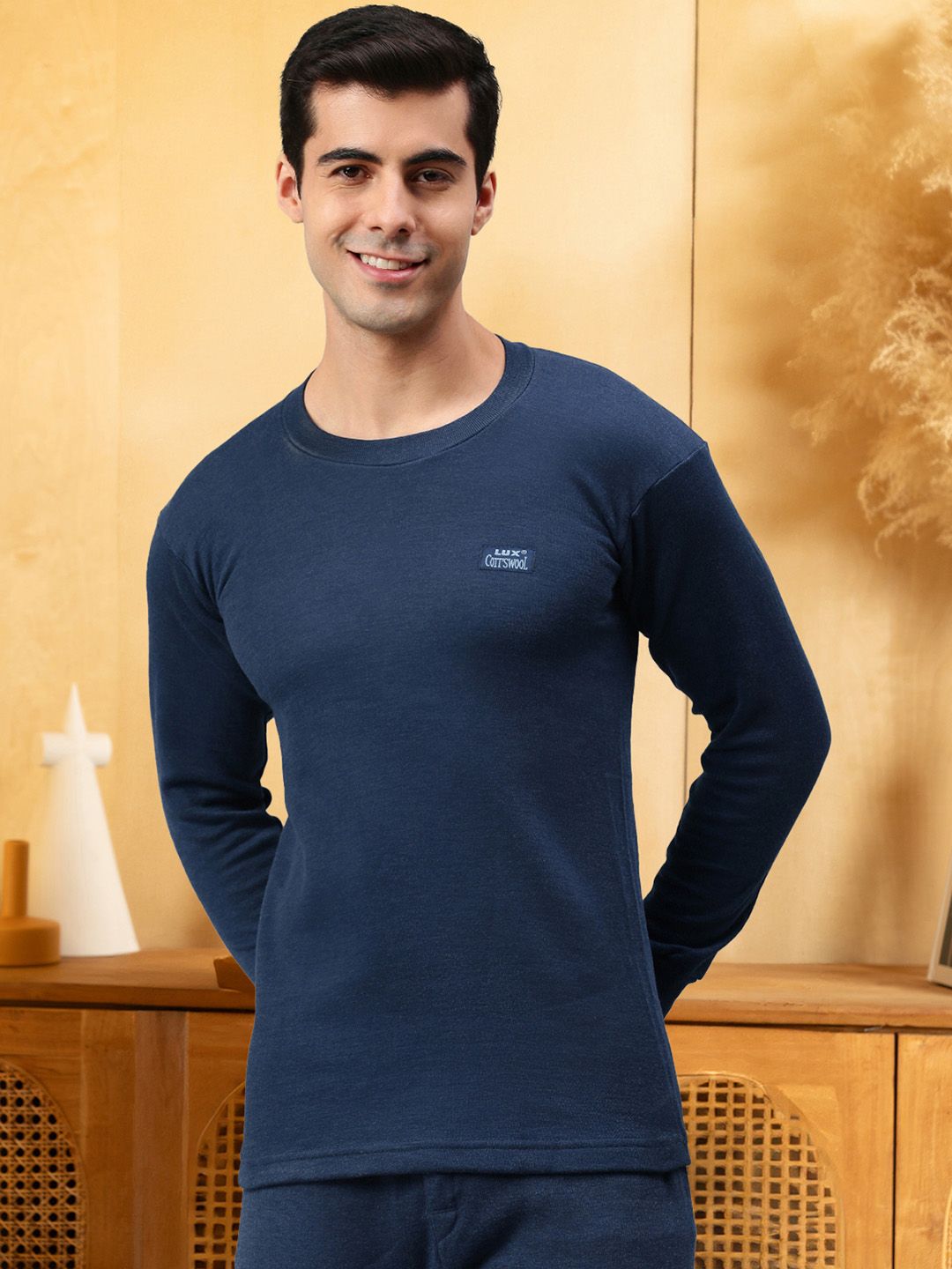 Lux Cottswool Men Blue Solid Cotton Thermal Top