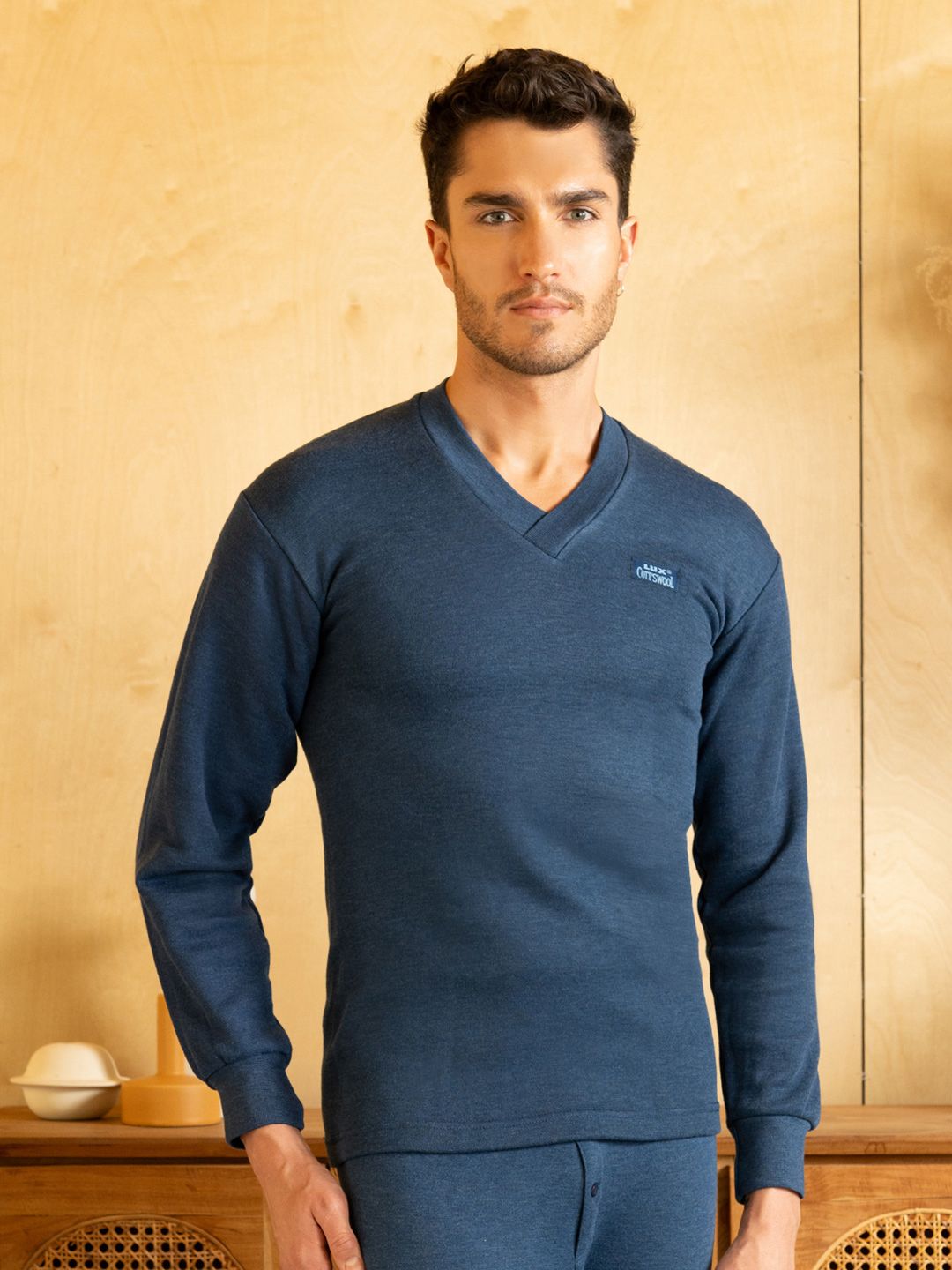 Lux Cottswool Men Blue Solid Cotton Thermal Tops
