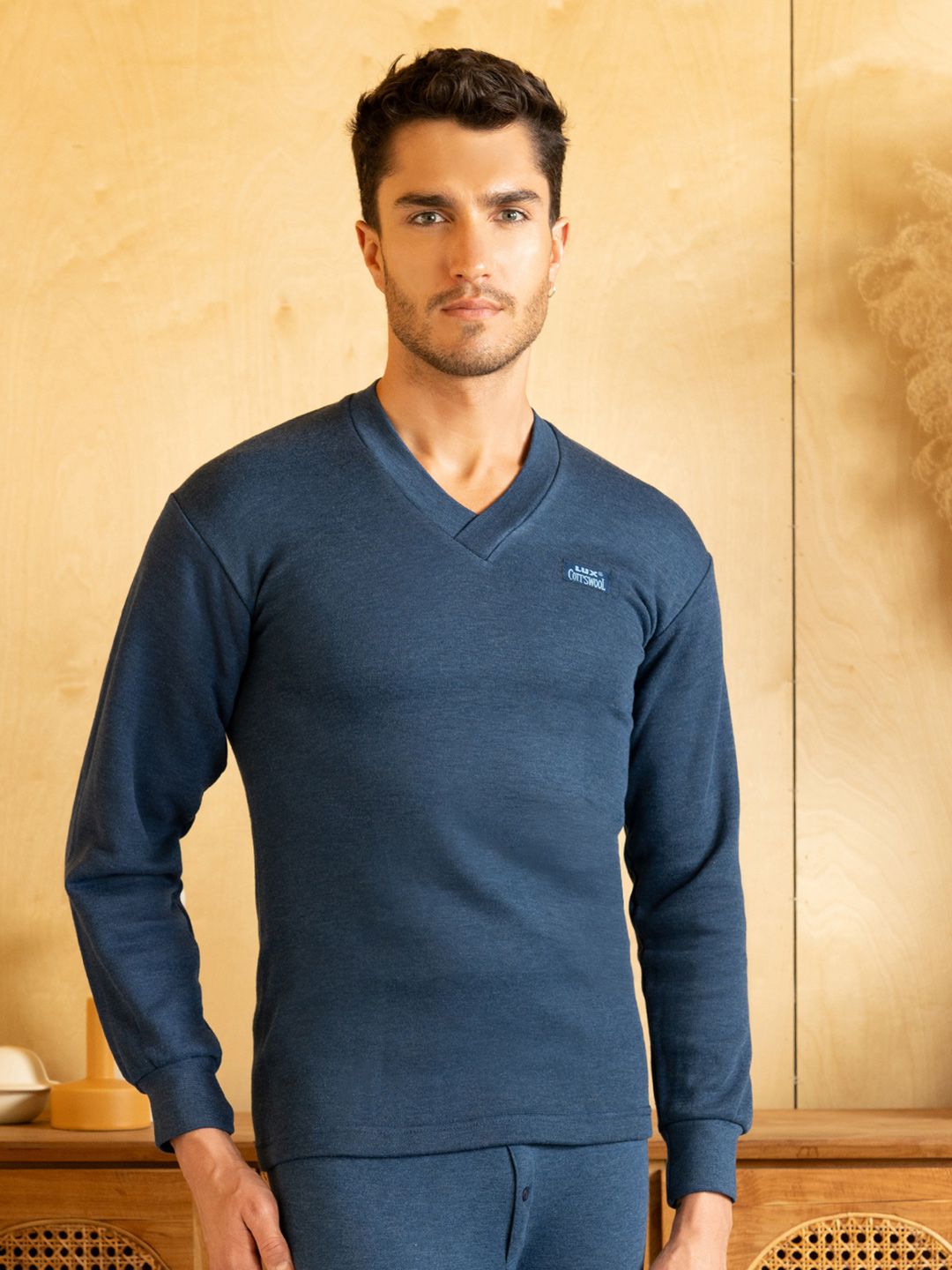 Lux Cottswool Men Blue Solid Slim Fit Thermal Top