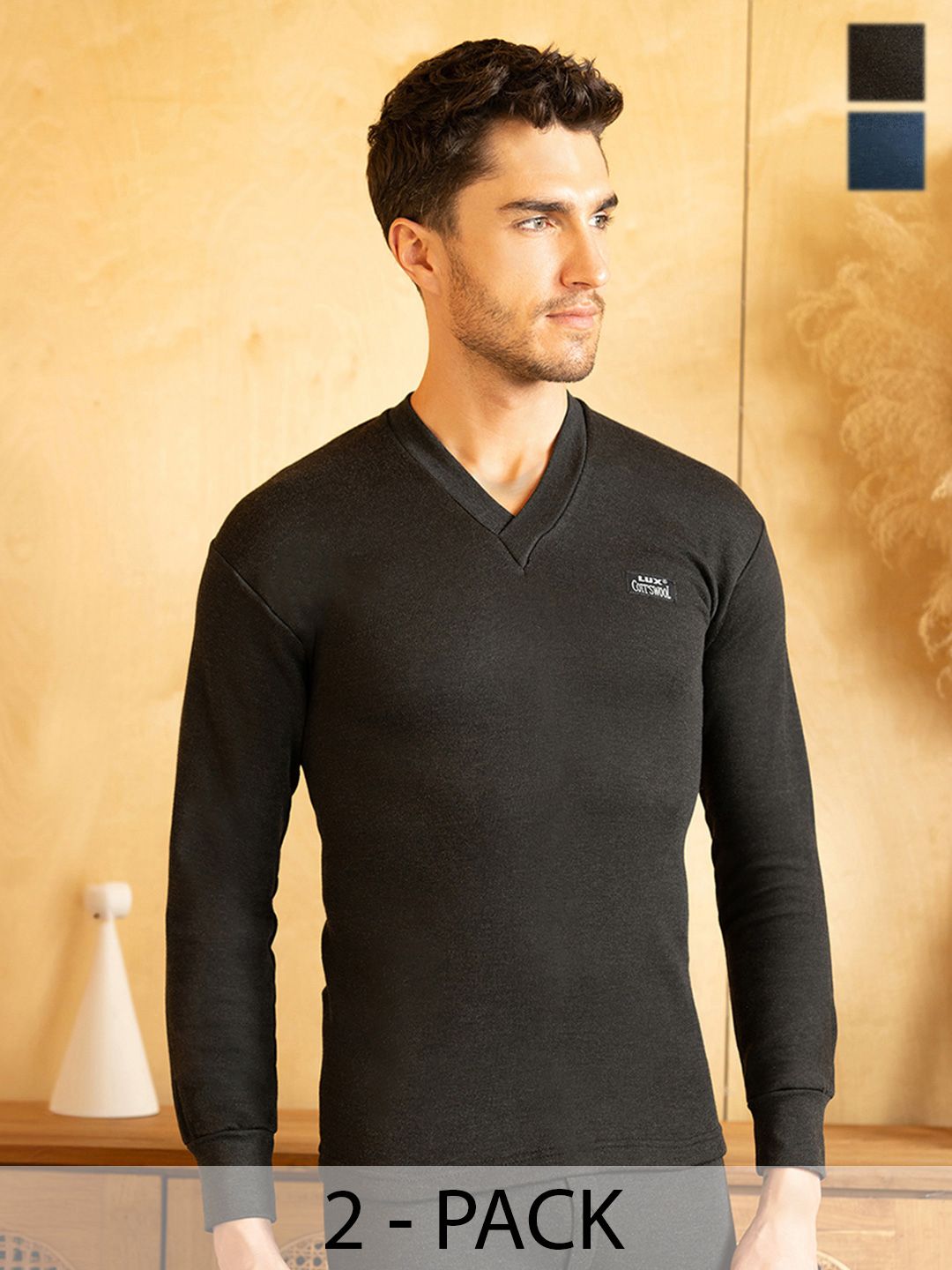 Lux Cottswool Men Pack Of 2 Black & Blue Solid Cotton Thermal Tops