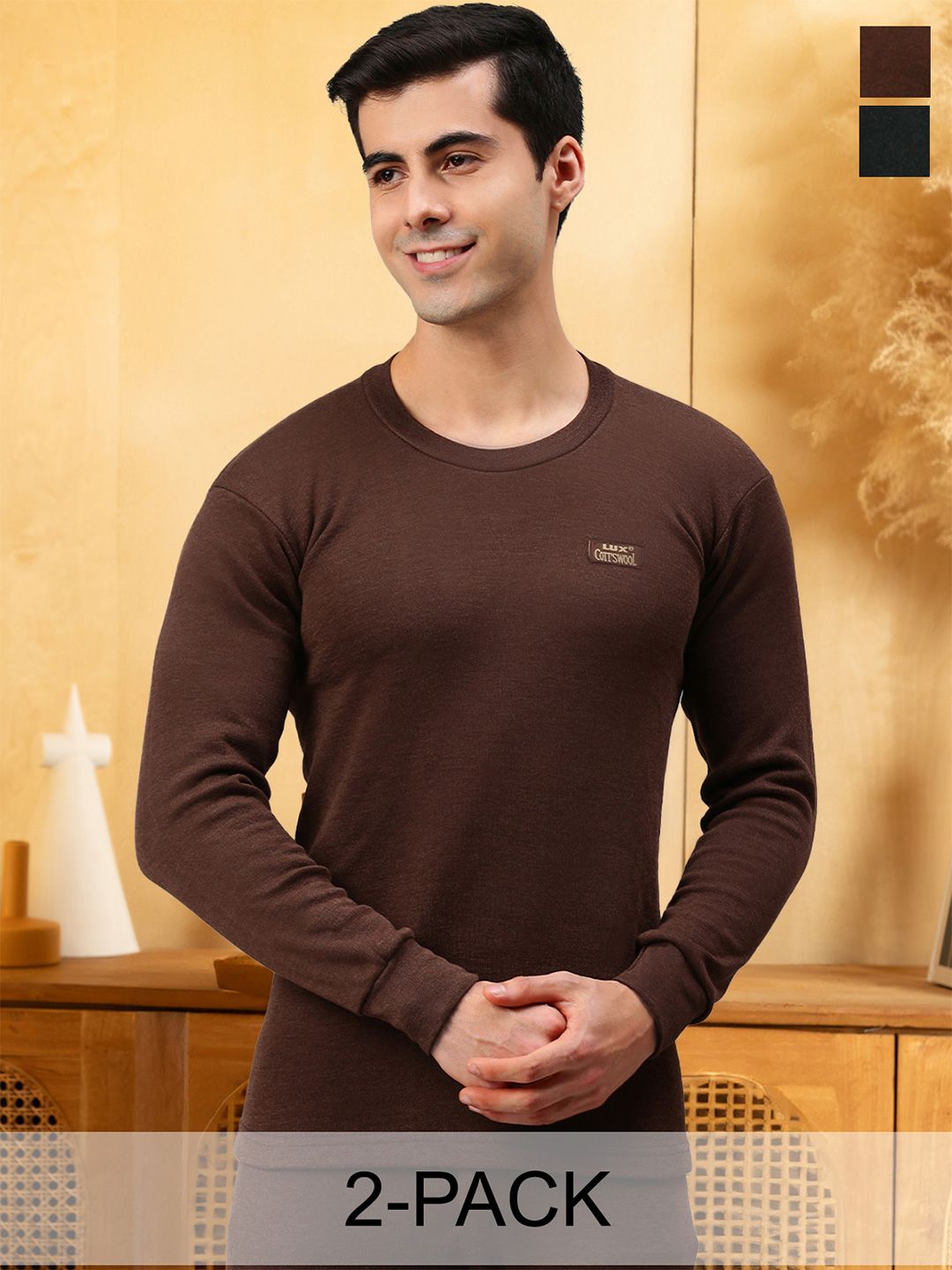 Lux Cottswool Men Pack Of 2  Solid Cotton  Thermal Tops
