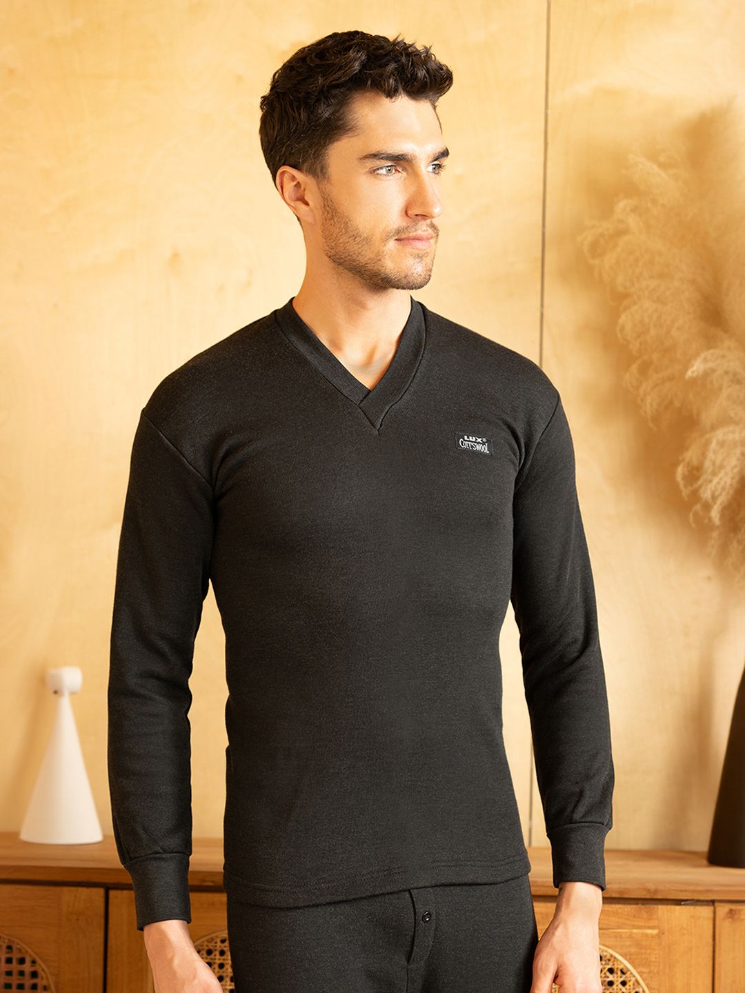 Lux Cottswool Men Black Solid Cotton Thermal Tops