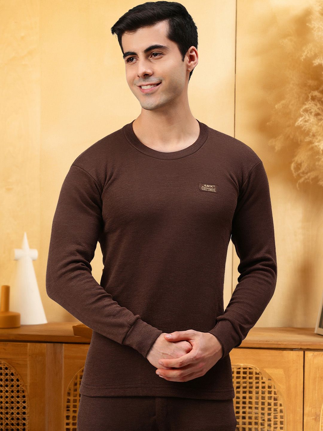Lux Cottswool Men Brown Solid Cotton Thermal Tops