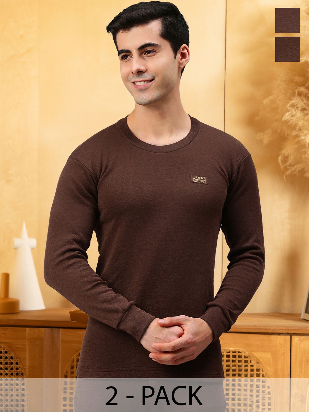 Lux Cottswool Men Pack of 2 Brown Solid Thermal Tops