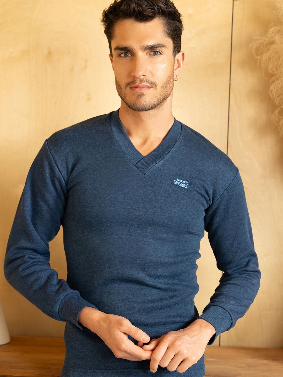 Lux Cottswool Men Blue Solid Cotton Thermal Tops