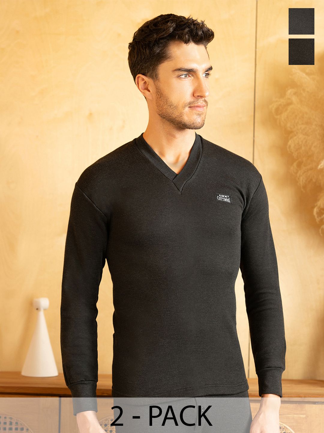 Lux Cottswool Men Pack Of 2 Black Solid Cotton Thermal Tops