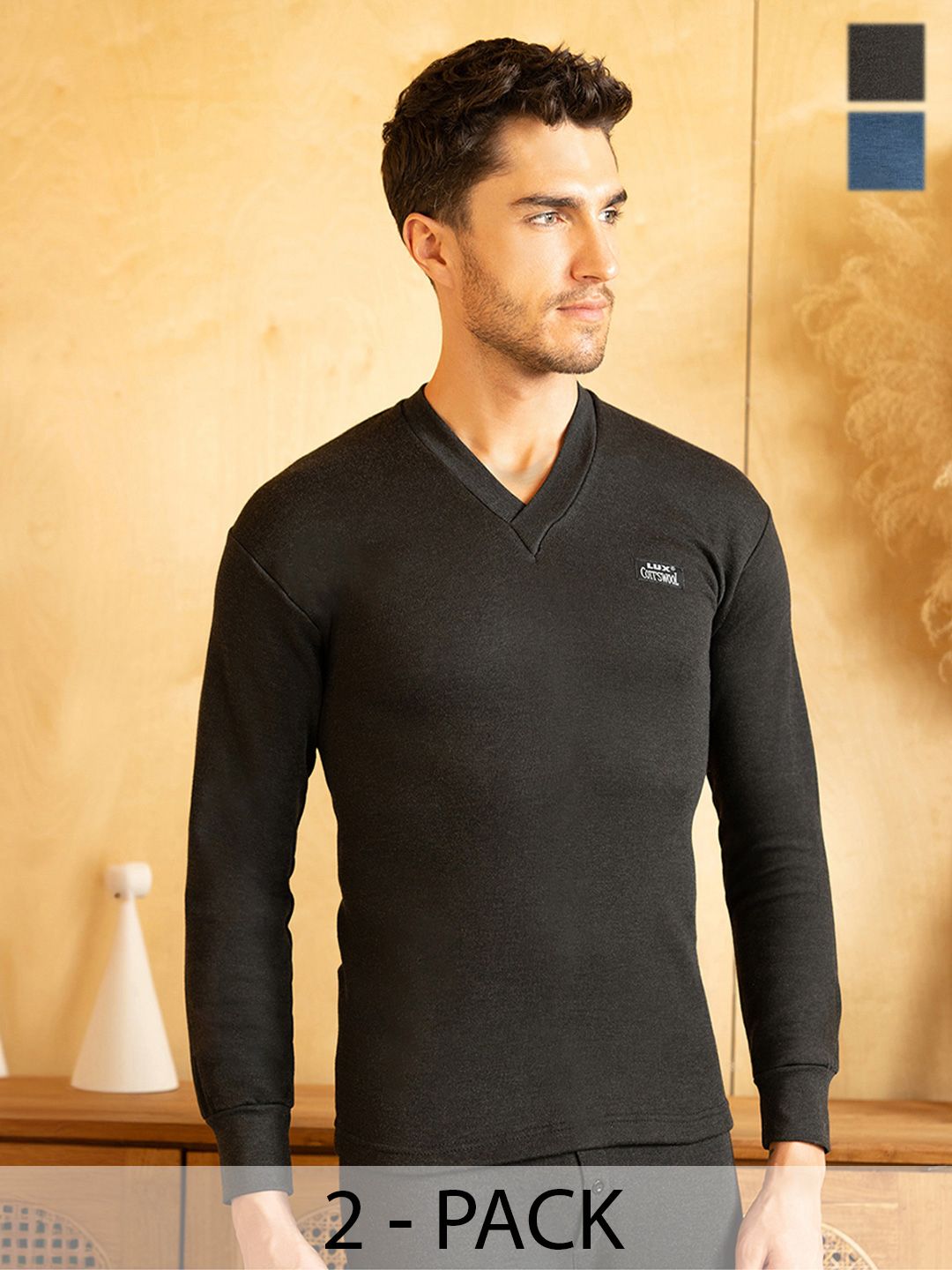 Lux Cottswool Men Pack Of 2 Black & Blue Solid Thermal Tops