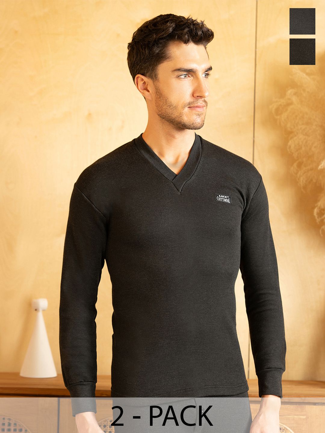 Lux Cottswool Men Pack Of 2 Black Solid Cotton Thermal Tops